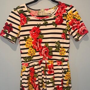 LuLaRoe Amelia Dress with Red and Yellow Floral on Black Stripes